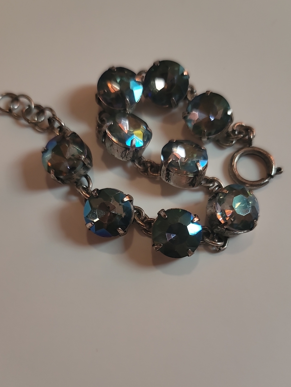 Vintage Blue Green Peacock Colored AB Faceted Glass Crystal Bracelet - Estate